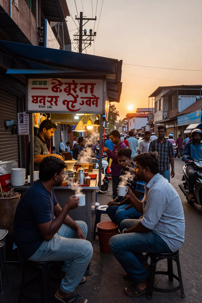 Busy Mumbai Street Stall at Sunset with Coffee Mugs and Bowls in in Mumbai, India