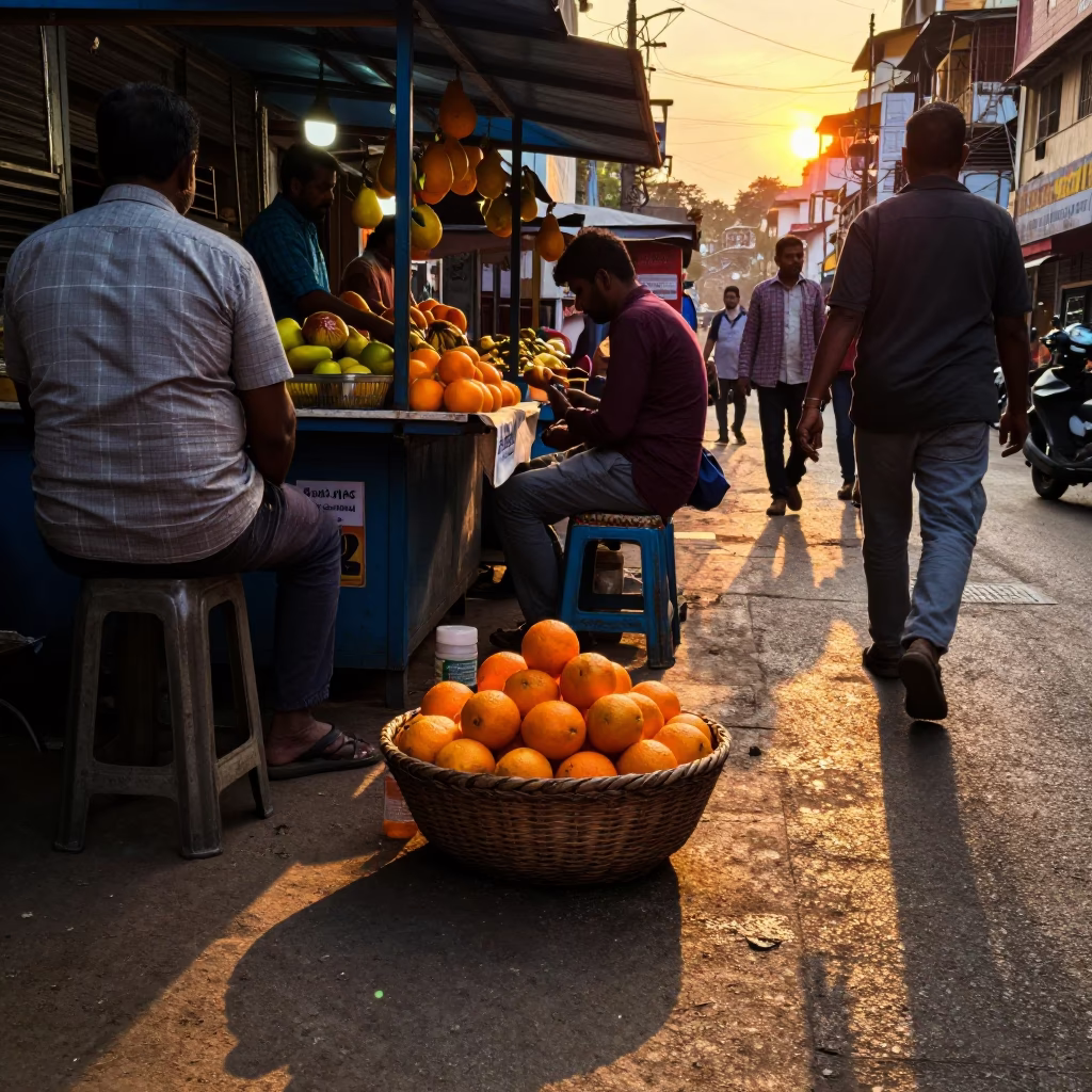 Busy Mumbai Street Stall at Sunset with Fruit Basket and Charcoal Grill in in Mumbai, India