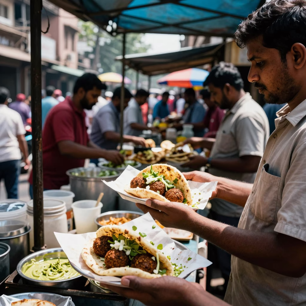 Busy Mumbai Street Stall Noon Light with Falafel Pita and Tahini Sauce in in Mumbai, India
