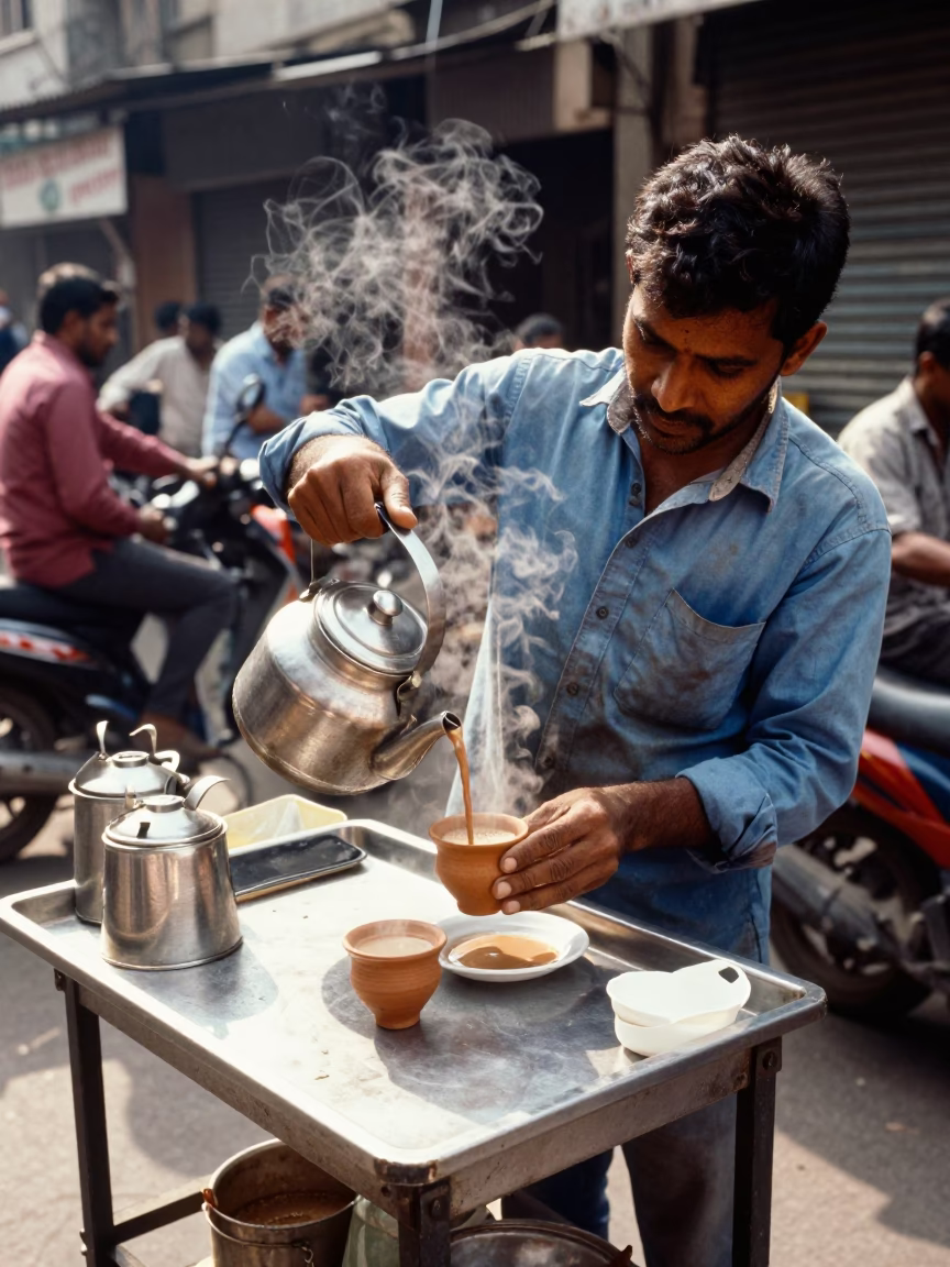 Busy Mumbai Street Stall Vendor Serving Masala Chai in Clay Cups at Midday in in Mumbai, India
