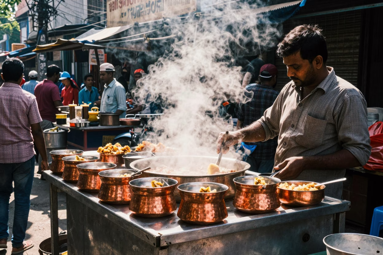 Busy Mumbai Street Stall with Copper Bowls and Serving Spoon at Midday in in Mumbai, India