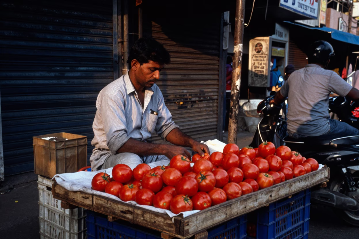 Busy Mumbai Street Vendor Selling Fresh Tomatoes and Crate at Early Evening Dusk in in Mumbai, India
