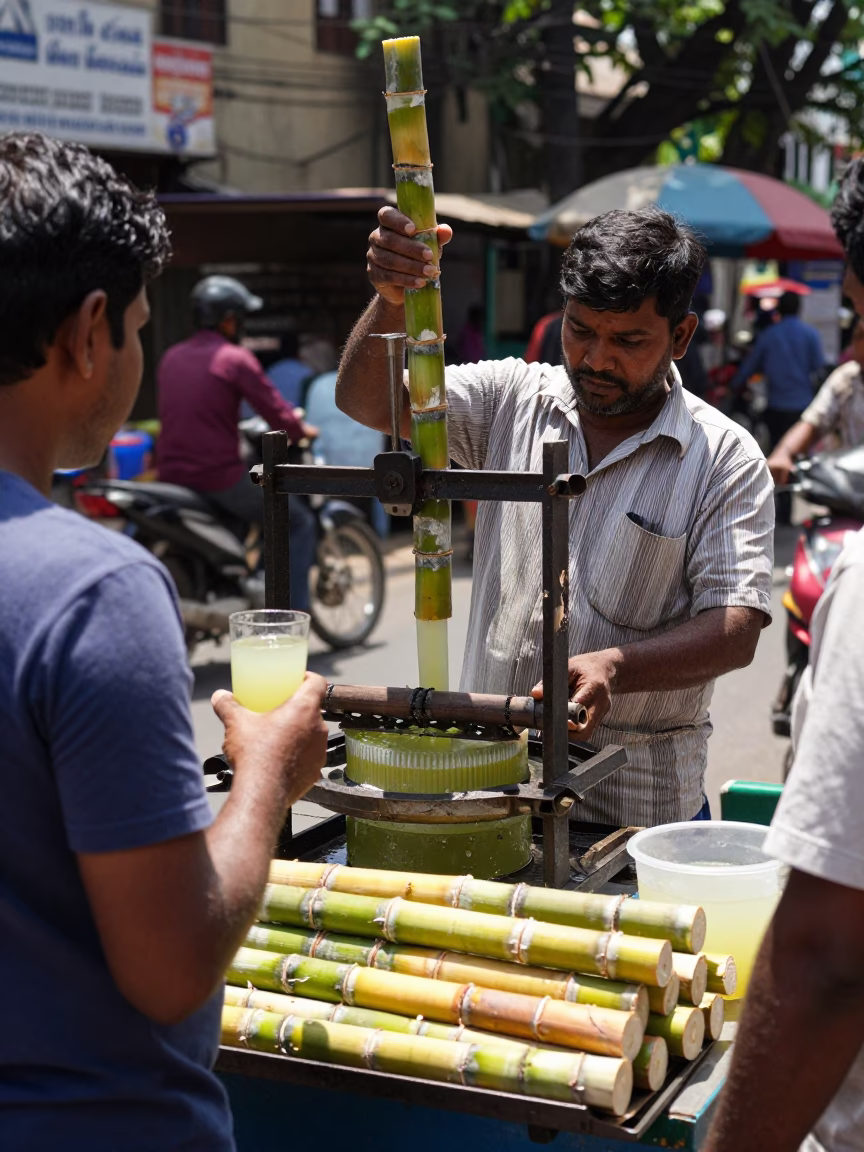 Busy Mumbai Street Vendor Serving Fresh Sugarcane Juice at Midday in India in in Mumbai, India