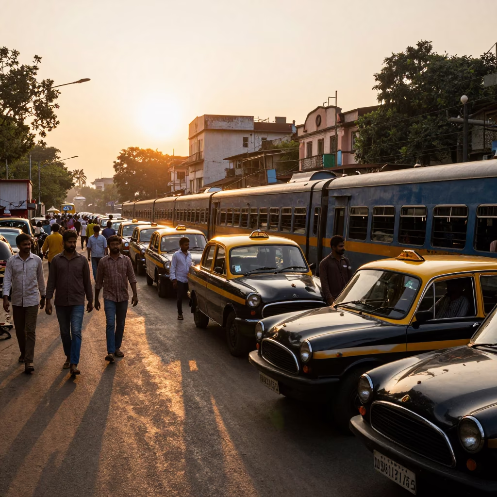 Busy Mumbai Taxi Rank Outside Train Station at Golden Hour Before Sunset in in Mumbai, India
