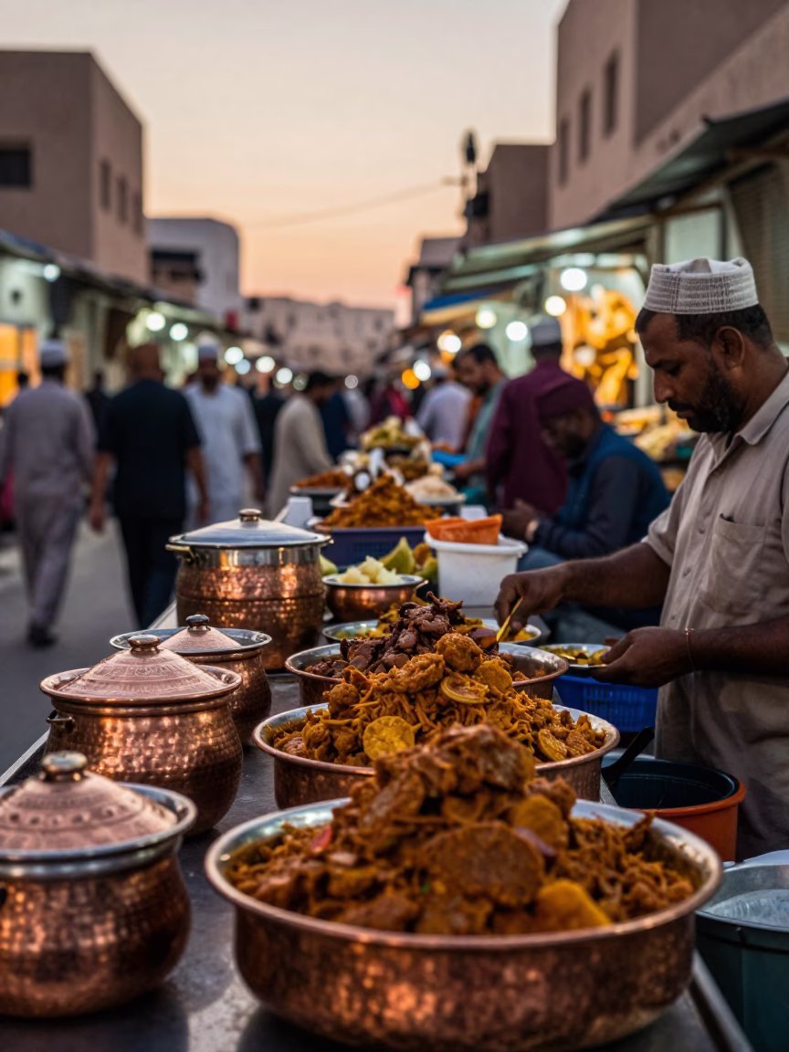 Busy Muscat Evening Street Scene with Copper Bowls and Local Commerce in in Muscat, Oman