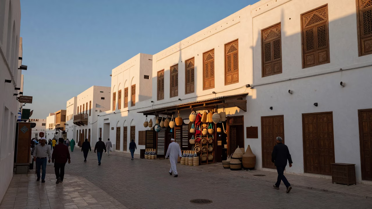Busy Muscat Evening Street Scene with Traditional Architecture and Local Life in in Muscat, Oman