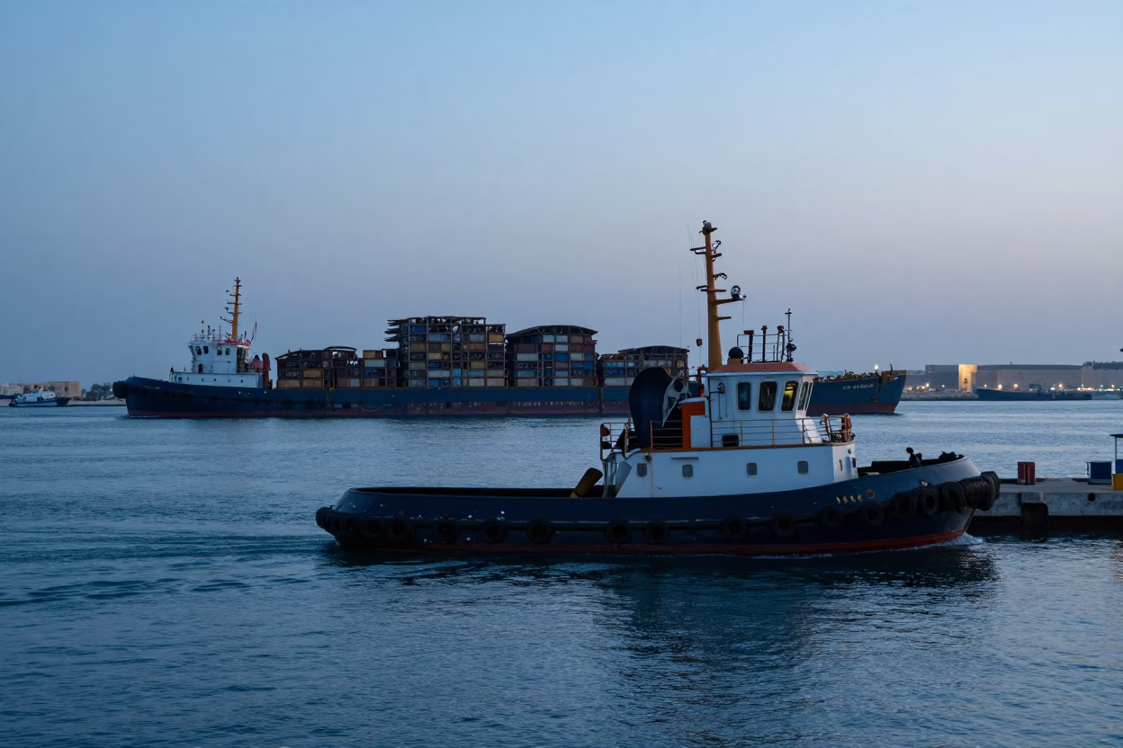 Busy Muscat Harbor at Dawn with Tugboat and Overloaded Truck in Oman in in Muscat, Oman