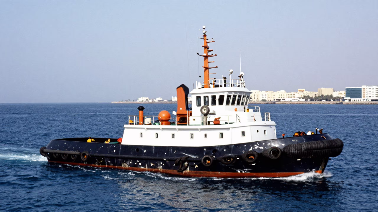 Busy Muscat Harbor Midday with Tugboat Navigating Coastal Waters in in Muscat, Oman