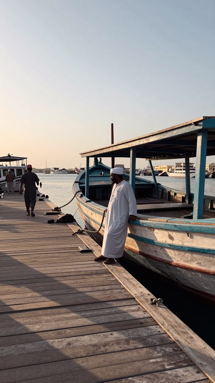 Busy Muscat Harbor Scene with Junk Boat at First Light in in Muscat, Oman