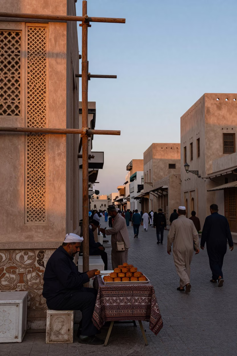 Busy Muscat Oman Street Scene at Dawn with Traditional Decor and Daily Life in in Muscat, Oman