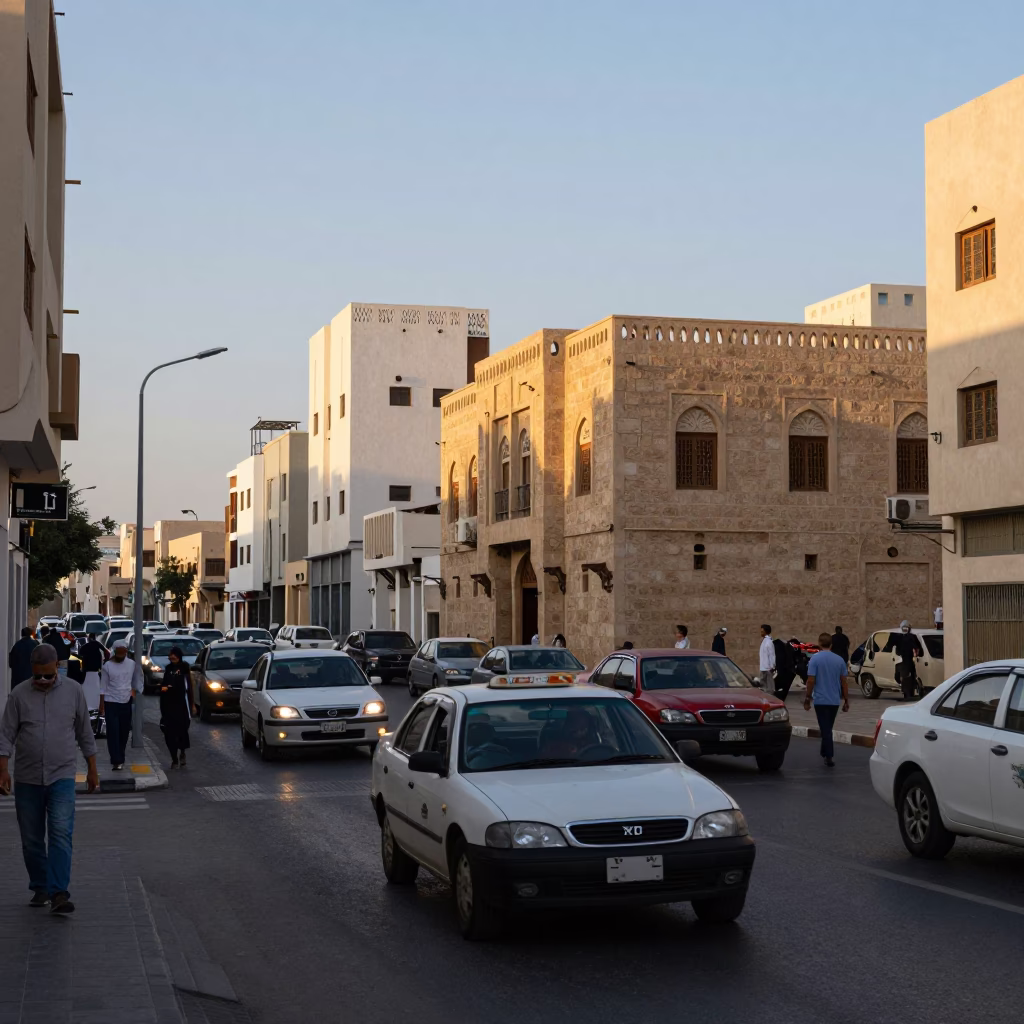 Busy Muscat Oman Street Scene at First Light with Local Transportation and Architecture in in Muscat, Oman