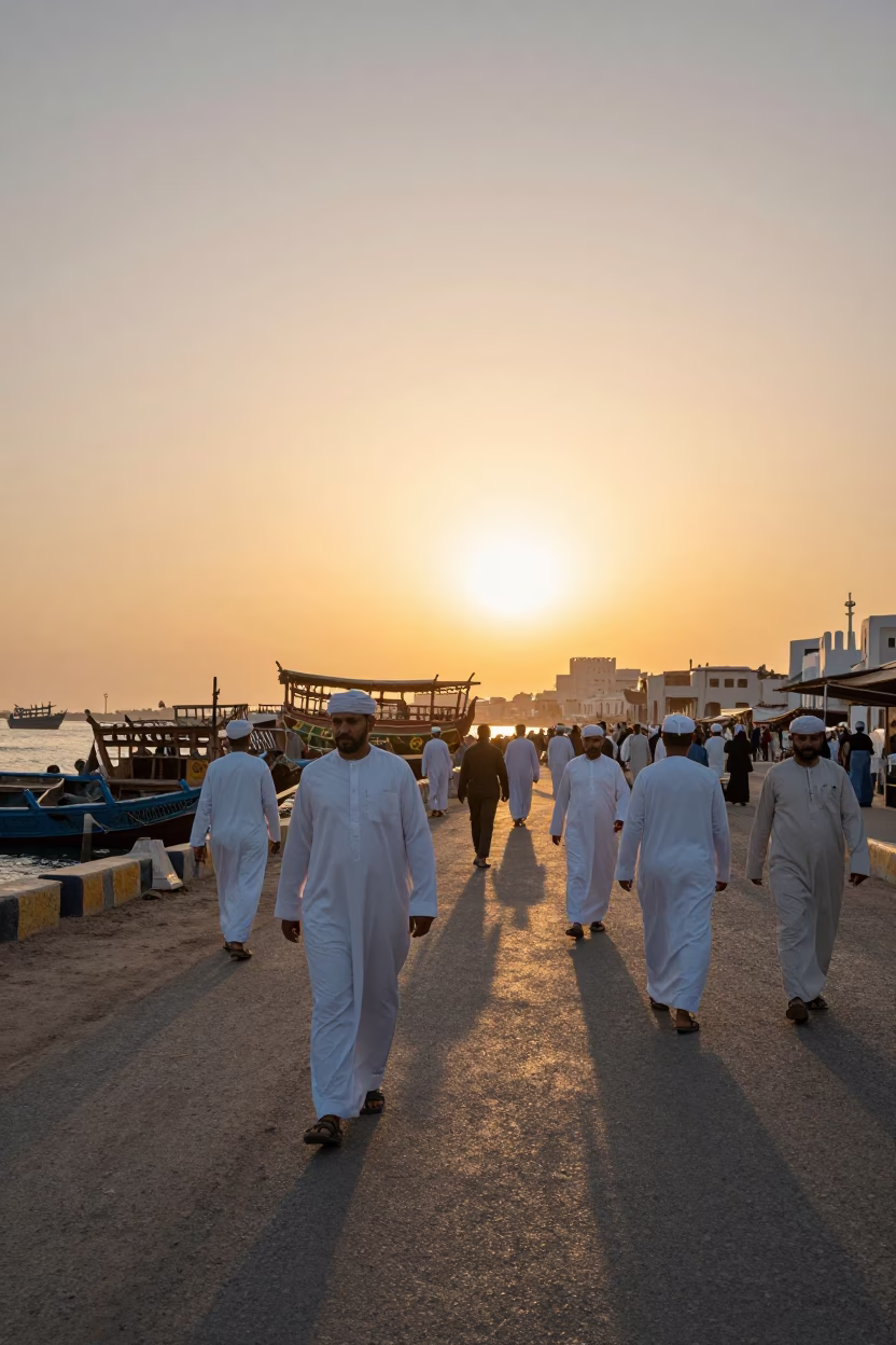 Busy Muscat Oman Street Scene at Sunset with Traditional Dhow Boats and Local Life in in Muscat, Oman