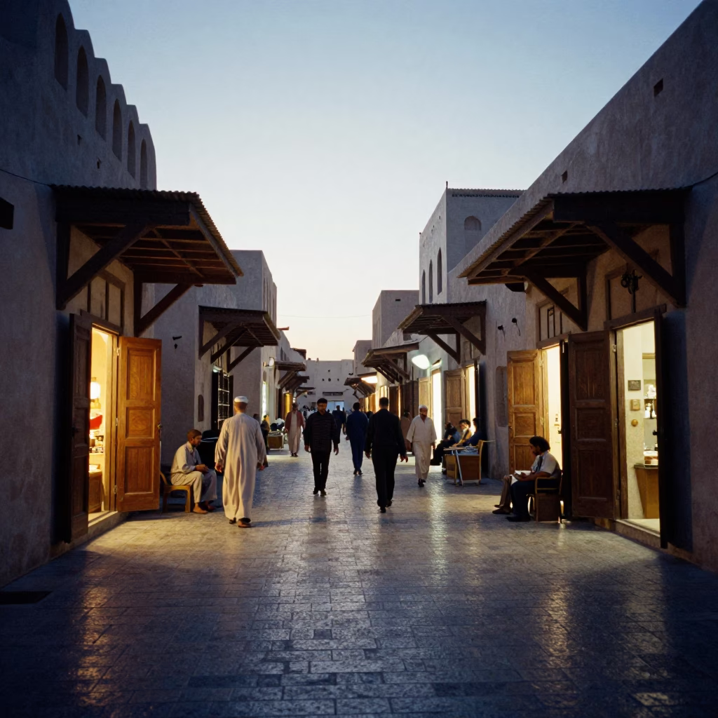 Busy Muscat Oman Street Scene Before Sunrise with Traditional Souq Activity and Local Life in in Muscat, Oman