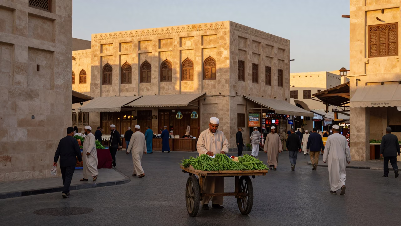 Busy Muscat Oman Street Scene Honeyed Evening Light Local Market Activity in in Muscat, Oman