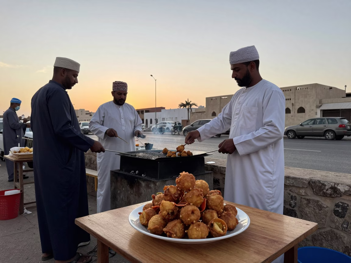 Busy Muscat Omani Street Vendor Preparing Fresh Accra Fritters at Nautical Dawn in in Muscat, Oman