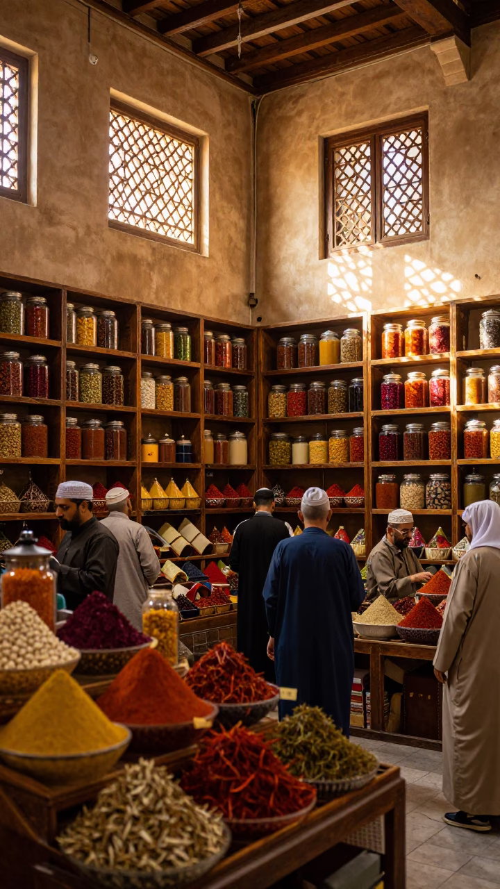 Busy Muscat Souq Interior Late Afternoon Light with Traditional Goods and Local Commerce in in Muscat, Oman