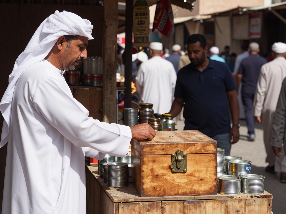 Busy Muscat Souq Midday Scene with Latch and Tin Box in in Muscat, Oman