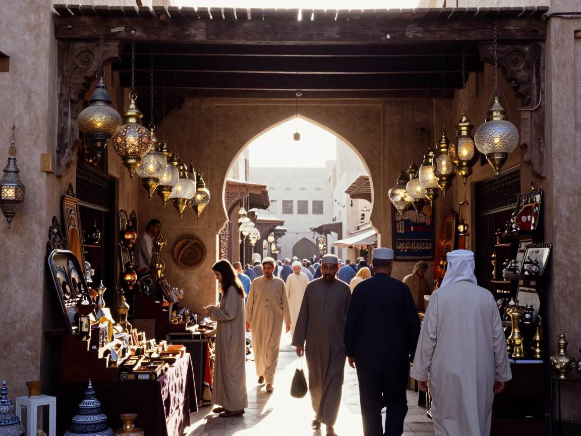 Busy Muscat Souq Morning with Lanterns and Local Commerce in in Muscat, Oman