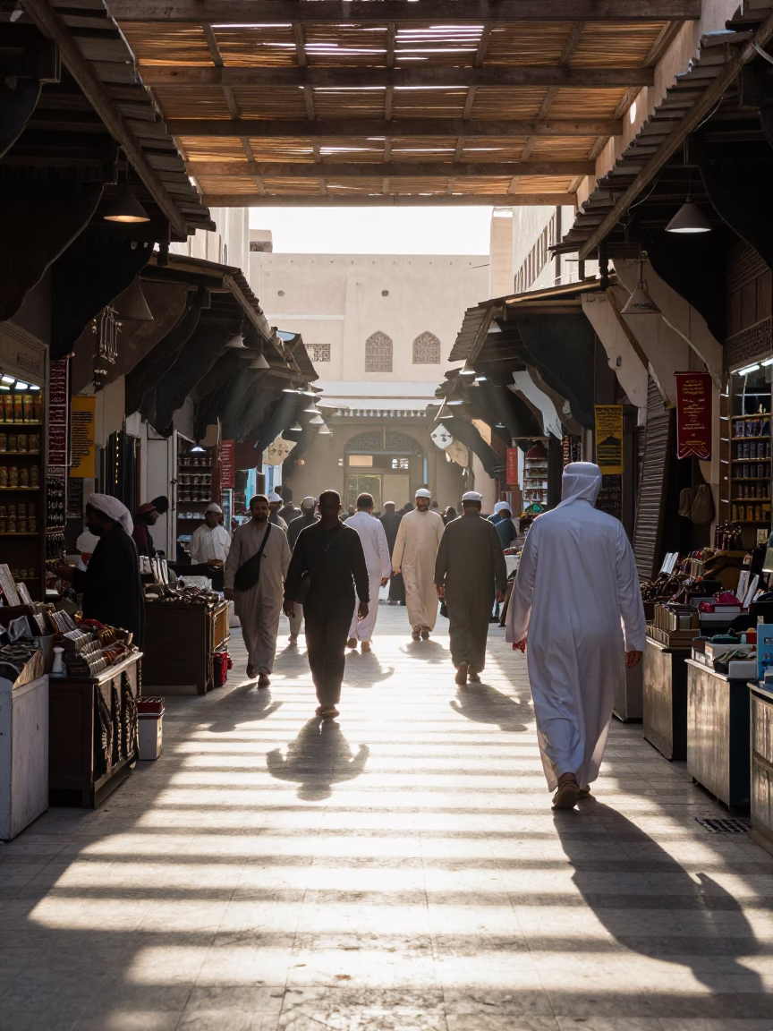 Busy Muscat Souq Morning with Sunlight Stripes and Traditional Stalls in in Muscat, Oman