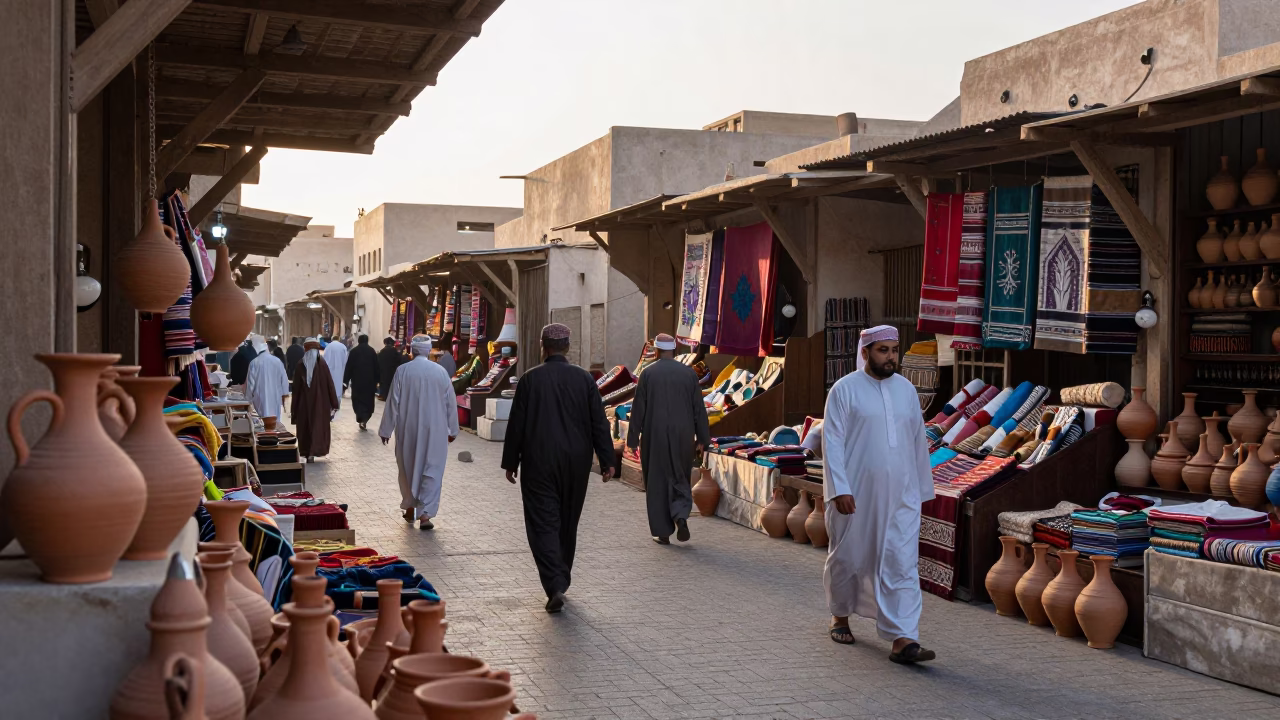 Busy Muscat Souq Morning with Traditional Clay Pots and Local Market Activity in in Muscat, Oman