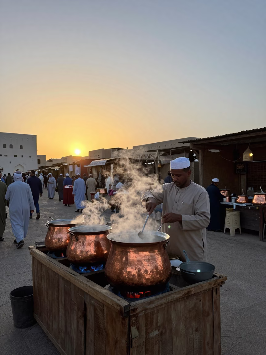 Busy Muscat Souq Stall at Sunset with Copper Cooking Pot and Coiled Rope in in Muscat, Oman