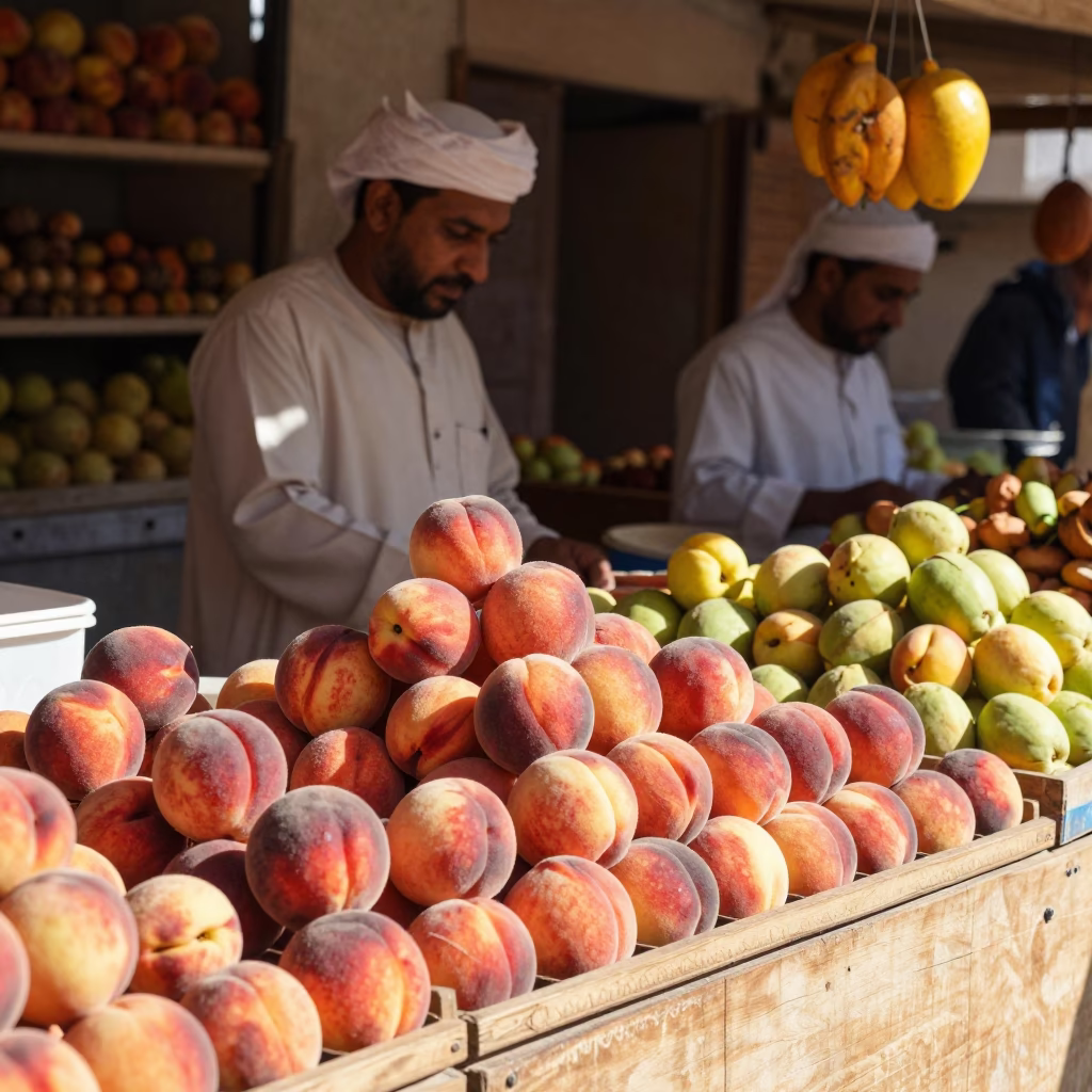 Busy Muscat Souq Stall with Peaches and Fruit Under Flat Noon Sun in in Muscat, Oman