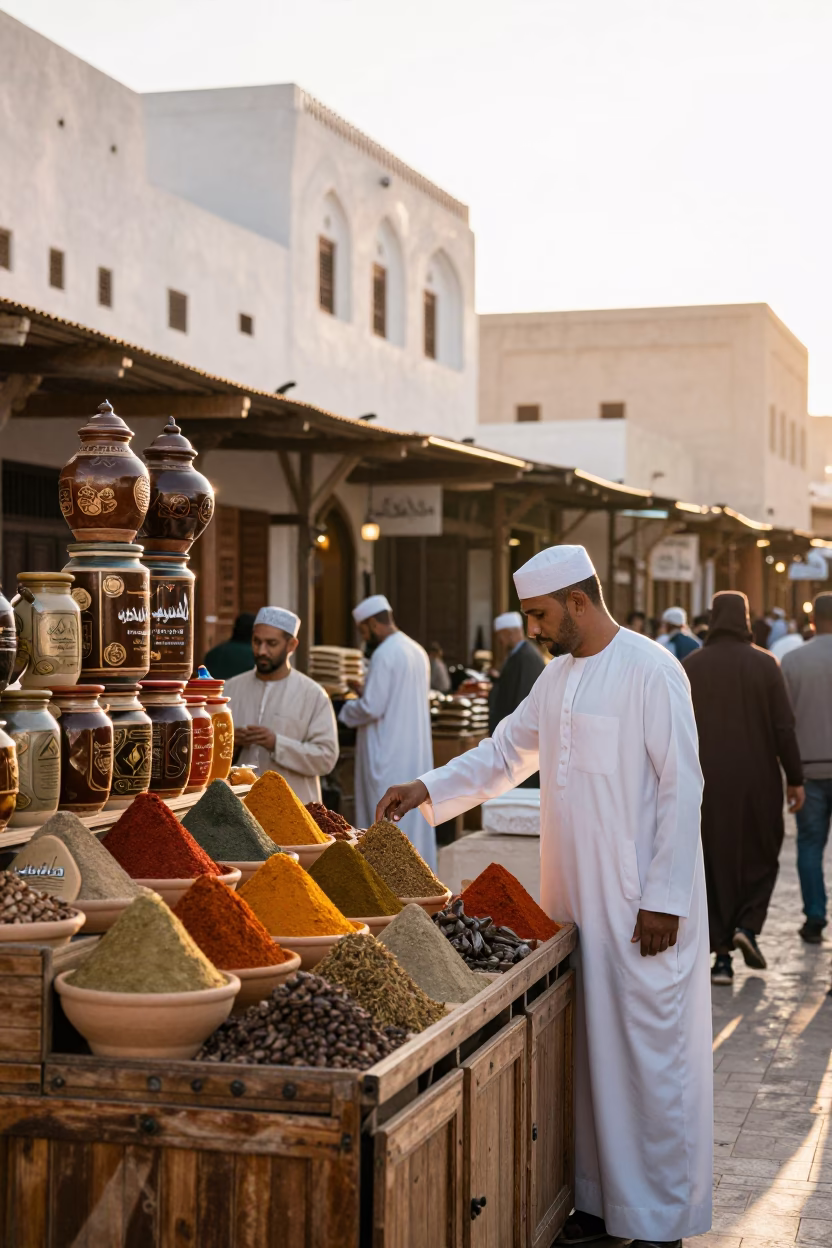 Busy Muscat Souq Stall with Spice Jars and Morning Light After Sunrise in in Muscat, Oman