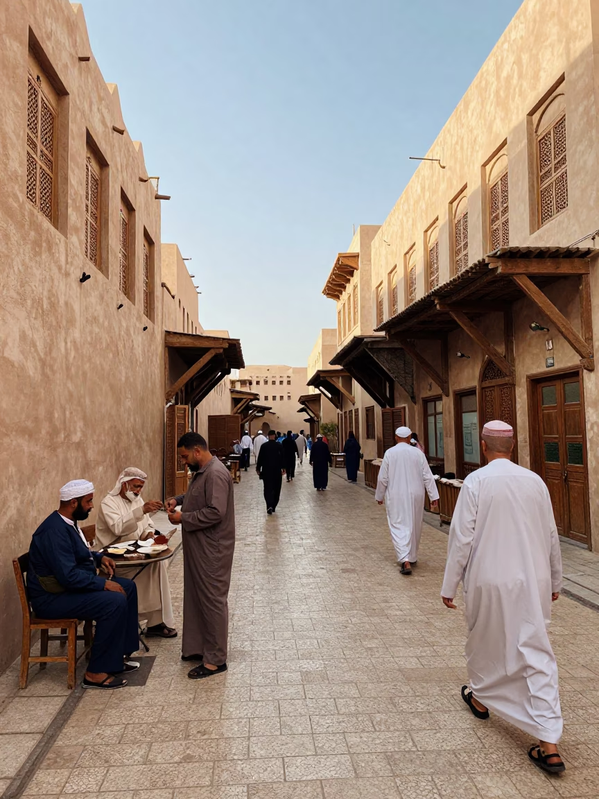 Busy Muscat Souq Street Scene with Vendor and Customer Interaction in Early Afternoon Sunlight in in Muscat, Oman