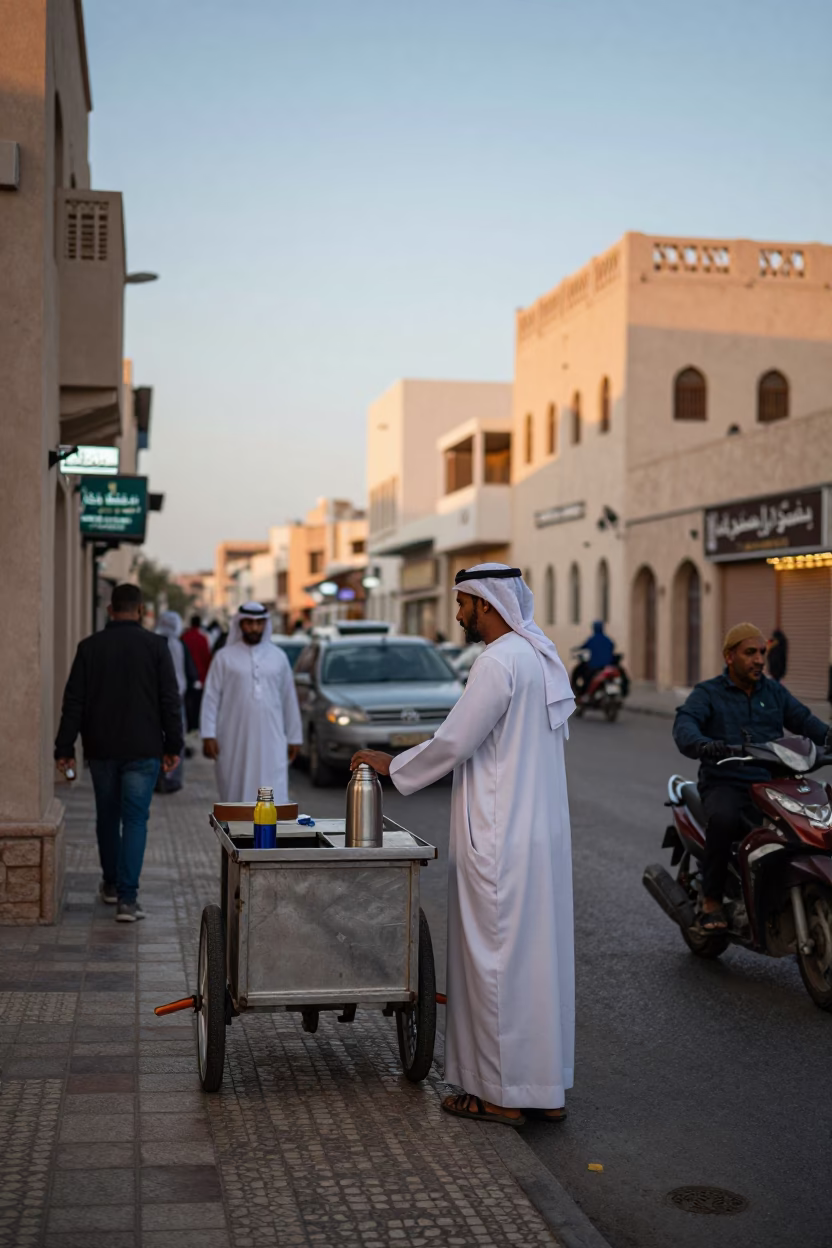 Busy Muscat Street Corner at Dusk with Thermos and Local Market Activity in in Muscat, Oman