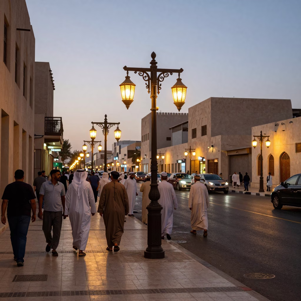 Busy Muscat Street Corner at Dusk with Traditional Lanterns and Modern Traffic in in Muscat, Oman