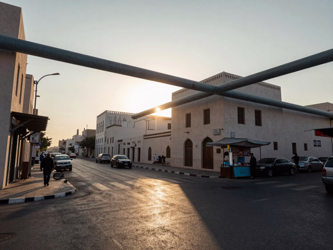 Busy Muscat Street Corner at Sunrise with Overhead Pipes and Local Commerce in in Muscat, Oman