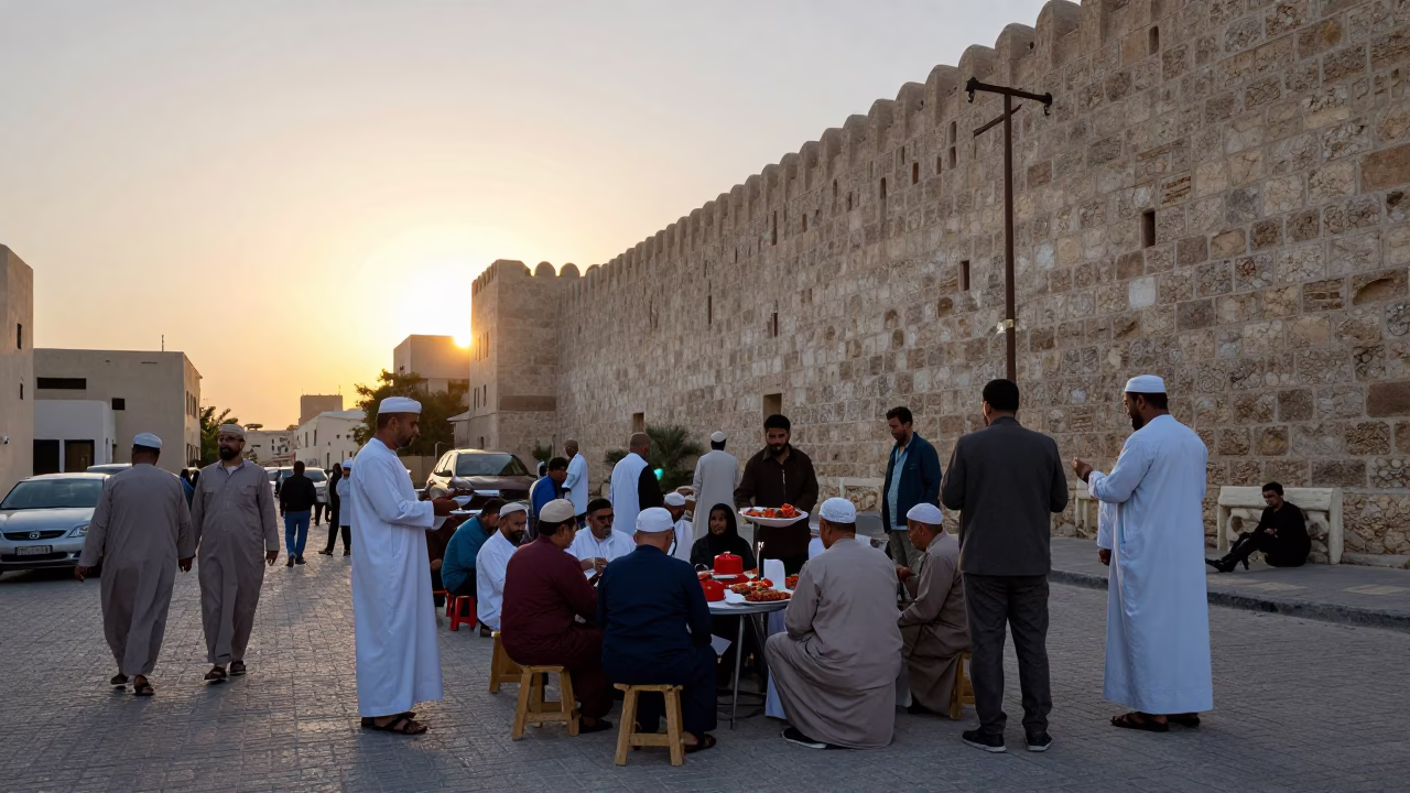 Busy Muscat Street Corner at Sunset with Traditional Omani Food and Daily Life in in Muscat, Oman
