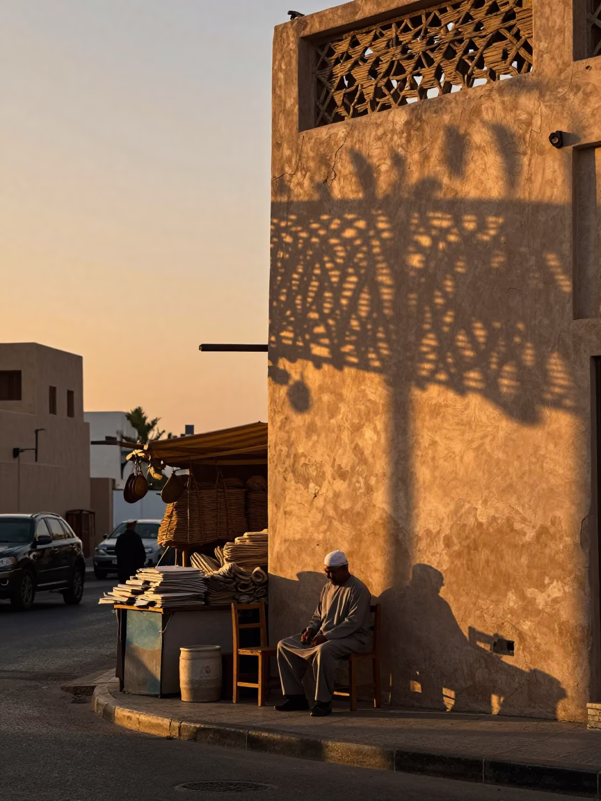 Busy Muscat Street Corner at Sunset with Wicker Shadows and Local Life in in Muscat, Oman