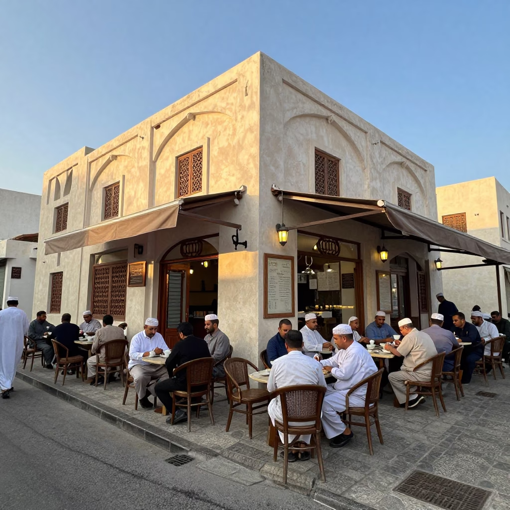 Busy Muscat Street Corner Early Morning Coffee Shop with Customers and Traditional Decor in in Muscat, Oman