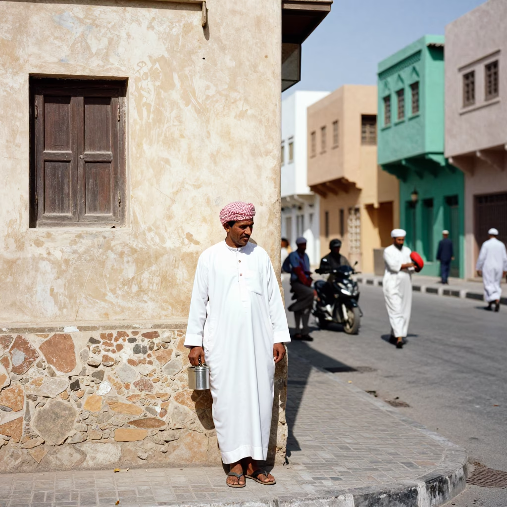 Busy Muscat Street Corner in 1960s Oman with Colorful Local Market Activity in in Muscat, Oman