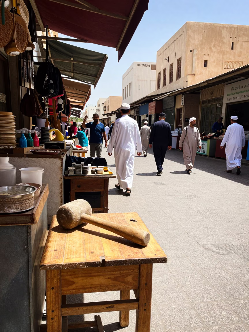 Busy Muscat Street Corner in Bright Midmorning Light with Traditional Elements in in Muscat, Oman