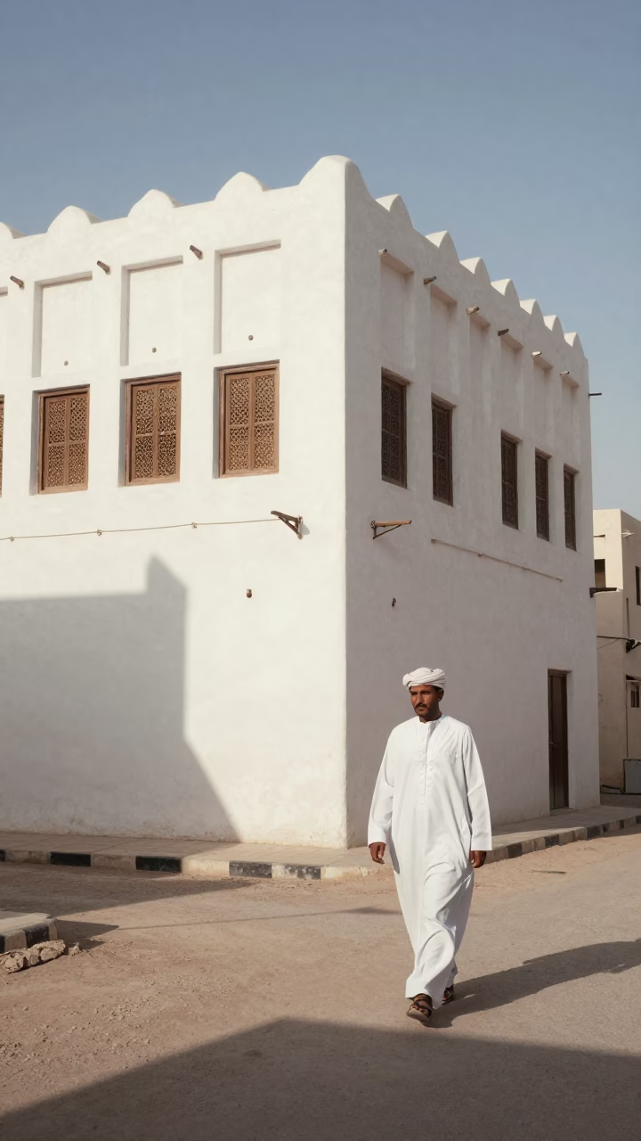 Busy Muscat Street Corner in Early Afternoon Light with Vintage Pocket Watch and Cardigans in in Muscat, Oman