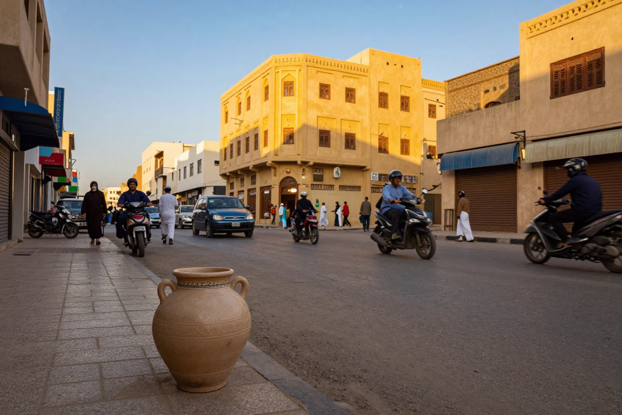Busy Muscat Street Corner Late Afternoon Light with Jar and Water Stains in in Muscat, Oman