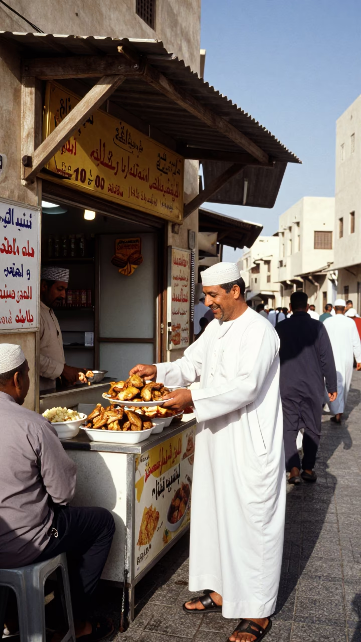Busy Muscat Street Corner Midmorning Light with Local Food and Daily Life in in Muscat, Oman