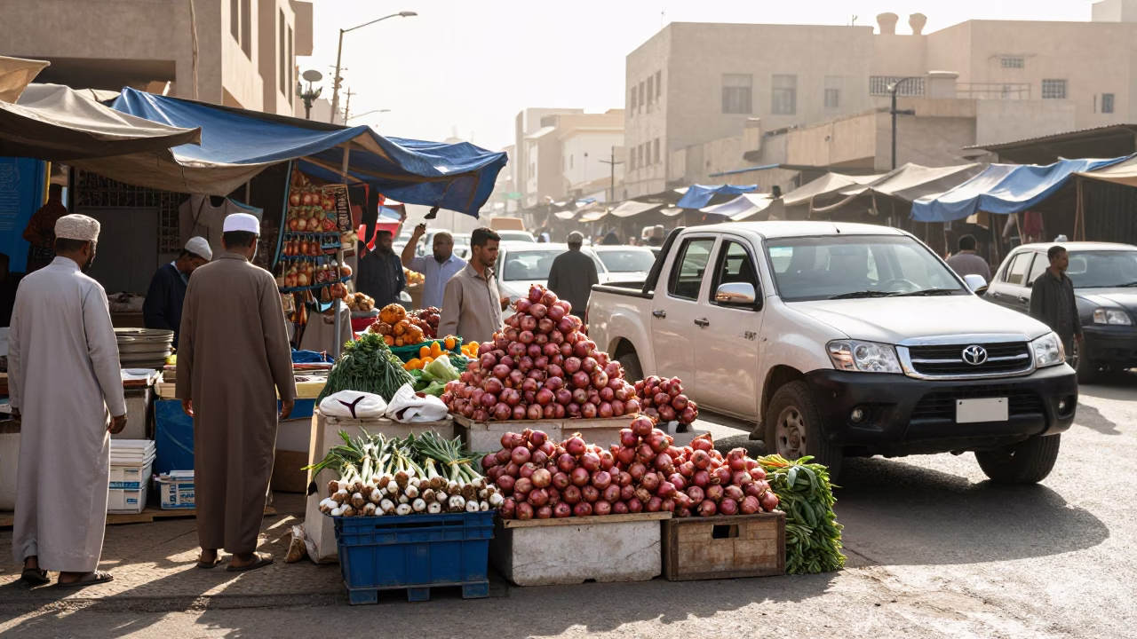 Busy Muscat Street Corner Morning Market with Fresh Onions and Local Traffic in in Muscat, Oman