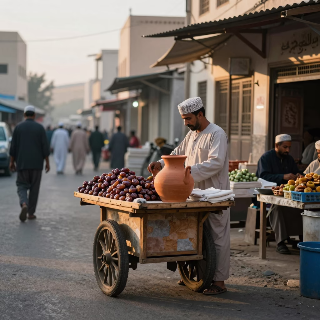 Busy Muscat Street Corner Morning with Clay Pot and Local Interaction Just After Sunrise in in Muscat, Oman