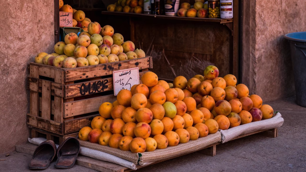 Busy Muscat Street Corner Shop Display with Nectarines and Slippers in Copper Dusk Light in in Muscat, Oman