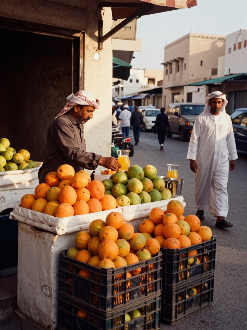Busy Muscat Street Corner Vendor Displaying Fruit Crates and Metal Cups in in Muscat, Oman