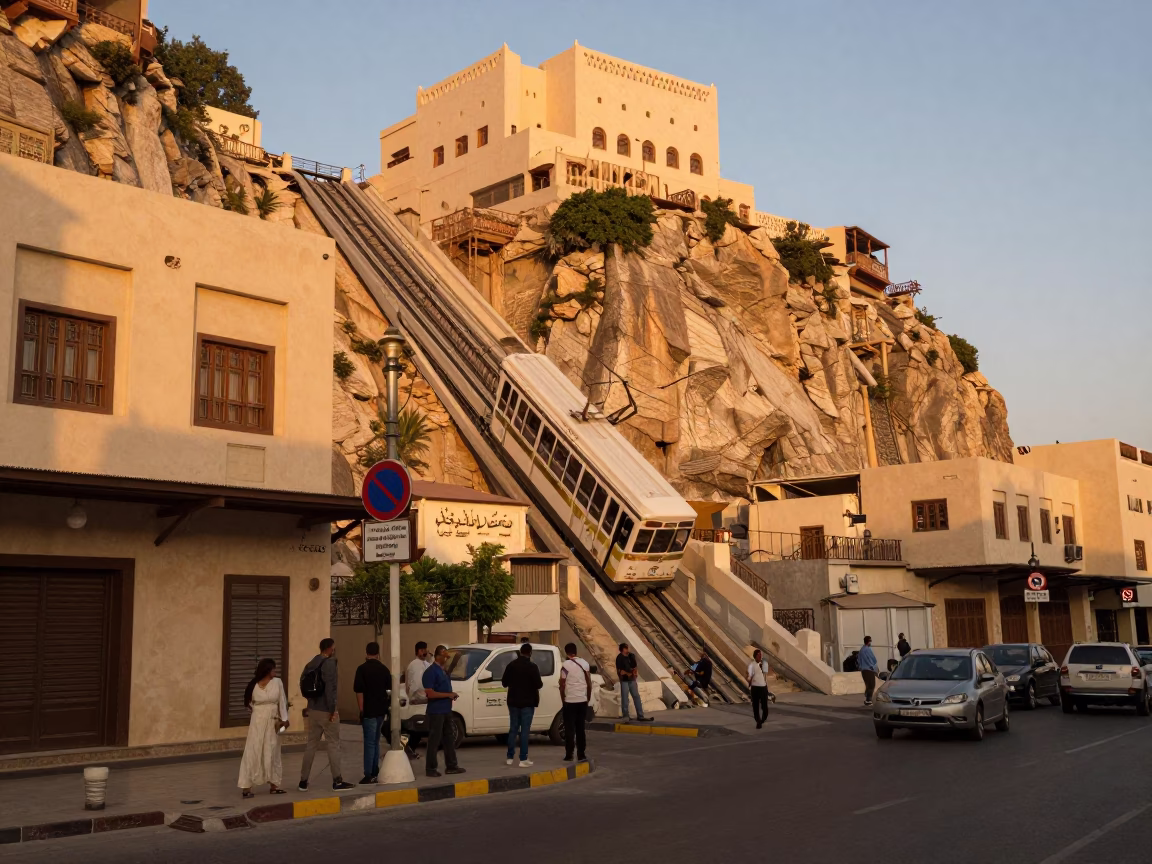 Busy Muscat Street Corner with Funicular Railway Approaching Cliffside Restaurant in Honeyed Evening Light in in Muscat, Oman