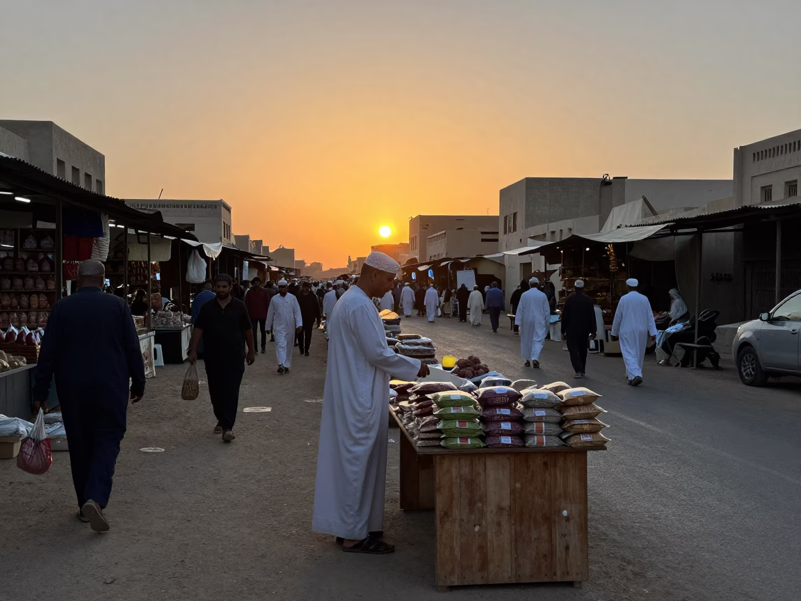 Busy Muscat Street Market at Sunset with Local Vendors and Colorful Goods in in Muscat, Oman