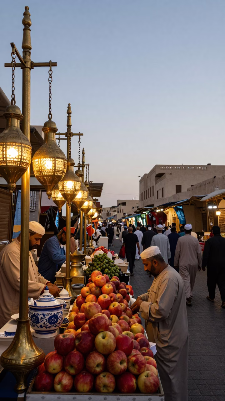 Busy Muscat Street Market Evening with Brass Lamps and Fresh Produce in in Muscat, Oman