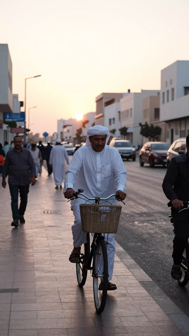 Busy Muscat Street Scene After Sunrise with Bicycle Basket and Gardenia Bush in in Muscat, Oman