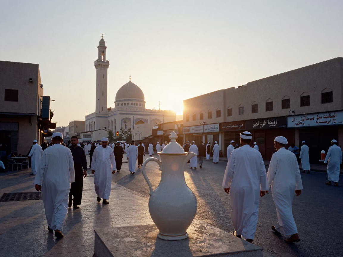 Busy Muscat Street Scene After Sunrise with Ceramic Pitcher and Local Life in in Muscat, Oman