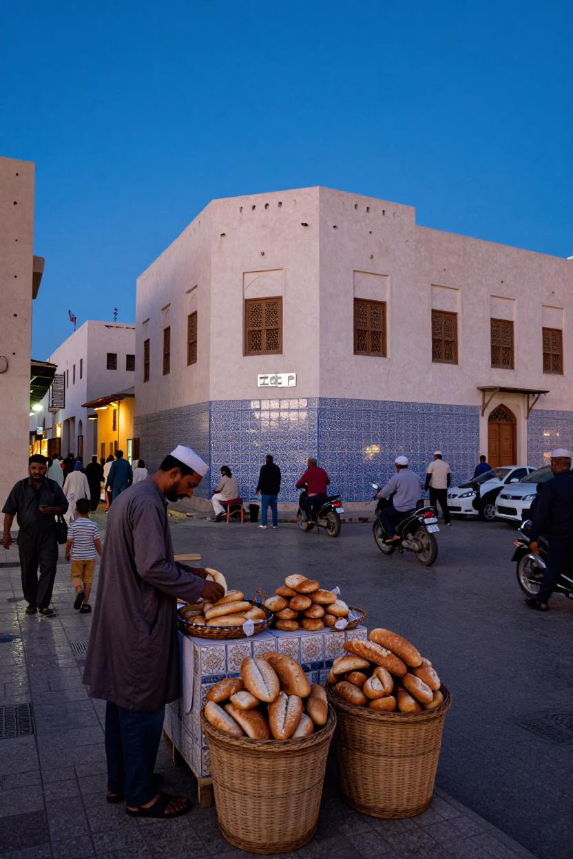 Busy Muscat Street Scene at Blue Hour with Ceramic Tiles and Local Interaction in in Muscat, Oman