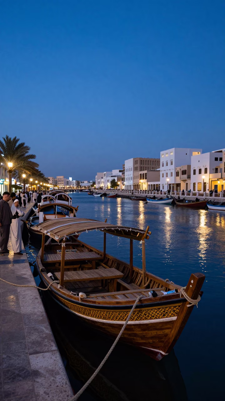 Busy Muscat Street Scene at Blue Hour with Traditional Dhow Docked Near Modern Cityscape in in Muscat, Oman